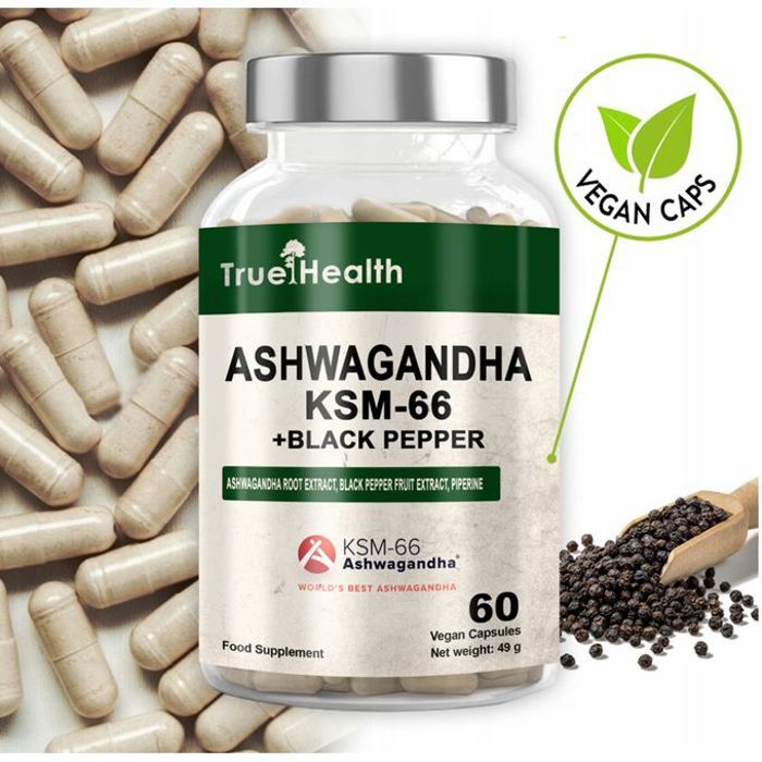 Ashwagandha KSM-66 + Black Pepper 60 Caps - Riche en Poivre Noir, Concentration & Réduction de Stress