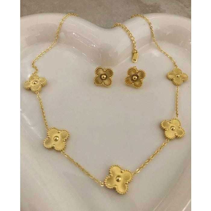 semble de Bijoux Fleur  en Acier Inoxydable Doré –  d'Oreilles à Clou et Pendentif Collier Chaîne Femme