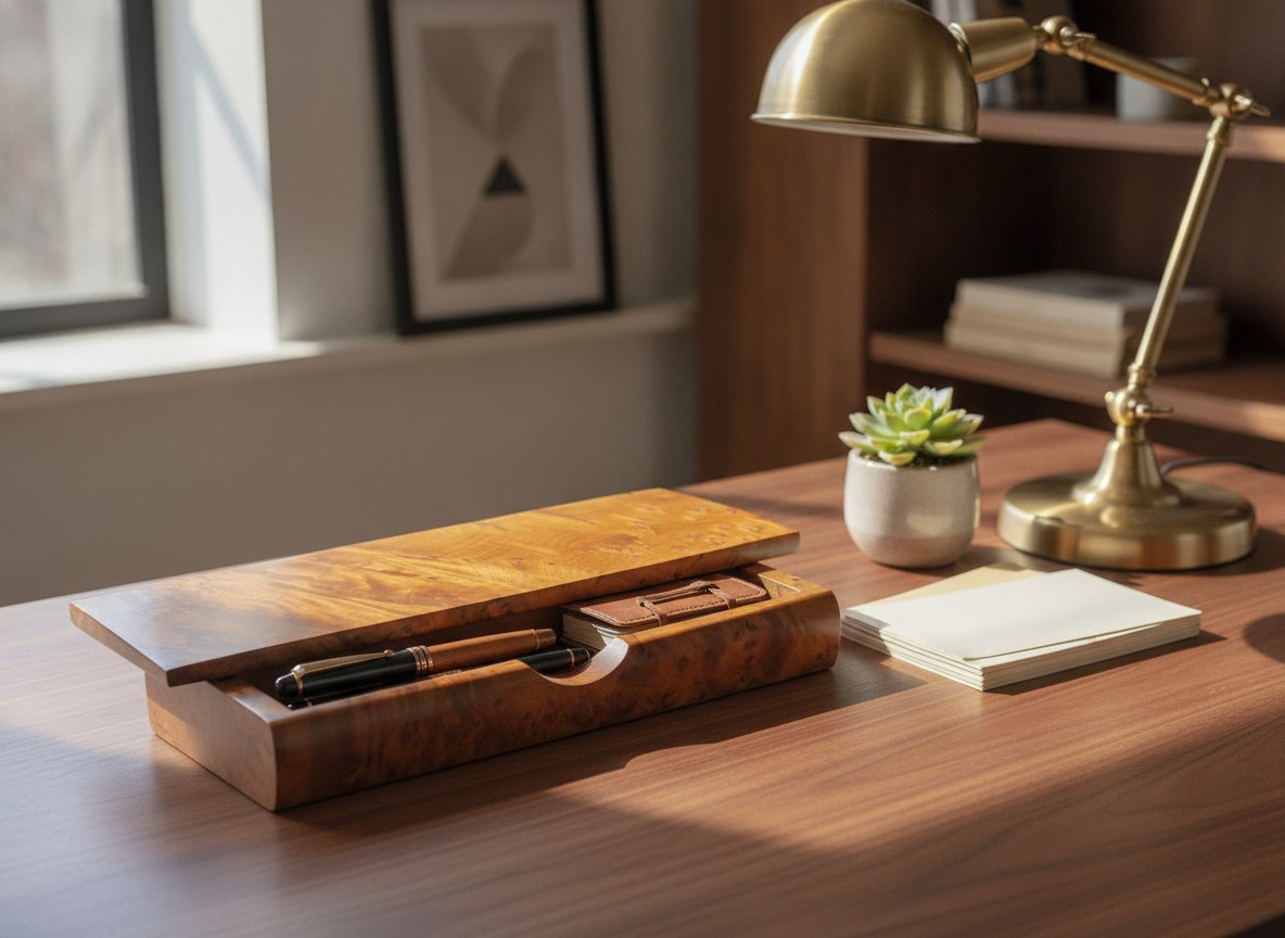 Organisateur de Bureau en Bois de Thuya avec Compartiments - Design Élégant (Couleur et Design Aléatoires) - Marjane Mall - Image 3