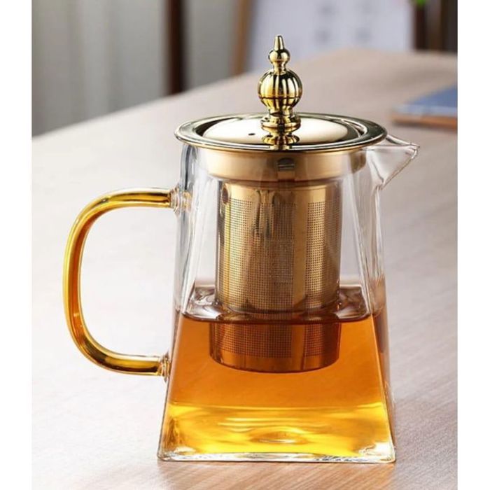Théière en verre 350 ml avec infuseur Amovible en Acier Inoxydable doré