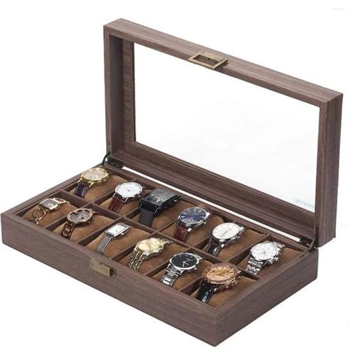 Boîte à montre simili cuir motif bois pour 12 montres - boîte de rangement pour montres