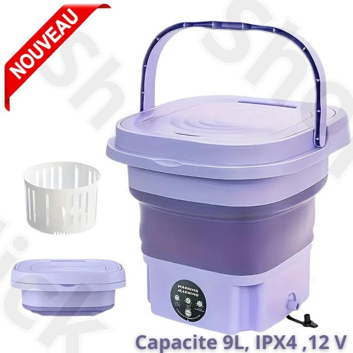 Machine à Laver Portable Lave Linge Multifonctionnel Pliable avec Essorage Doux pour Le Dortoir Le Camping 9 L12V Waterproof IPX4