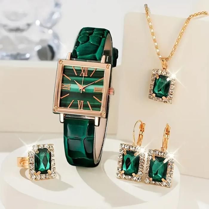 Montre à Quartz Femme - Verte - Bracelet en Cuir PU - Ensemble Bijoux 5 Pièces - Strass Scintillants