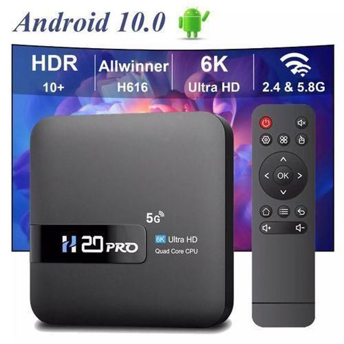 Boîtier Smart TV BOX H20PRO, Android 10, WiFi 2.4 et 5G, 4K, décodeur 1080p  2 Go/16 Go