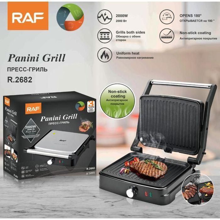 Panini Grill électrique Multifonction RAF, Antiadhésif, Ouverture 180°
