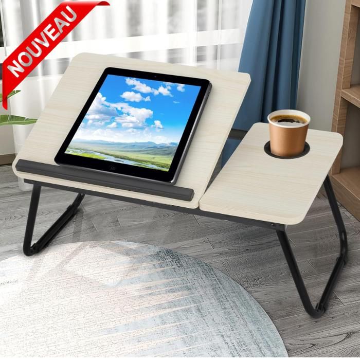 Table Pliable pour ordinateur portable ajustable en metal avec porte-gobelet, inclinaison à 5 niveaux