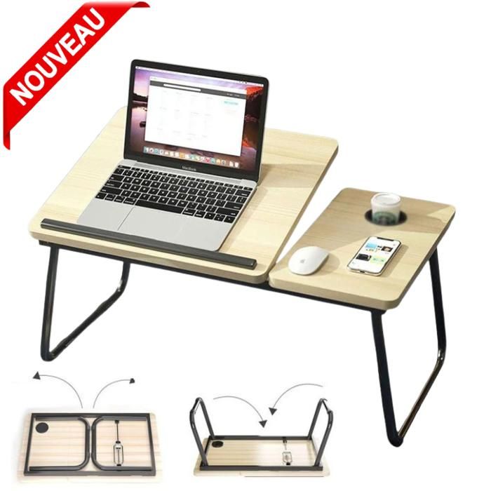 Table Pliable pour ordinateur portable ajustable en metal avec porte-gobelet, inclinaison à 5 niveaux