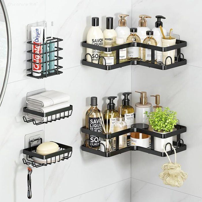 Étagère de Douche, 5 PCS Étagère Accessoires Salle de Bain sans Perçage - avec Crochet - Acier inoxydable - Capacité portante 20KG