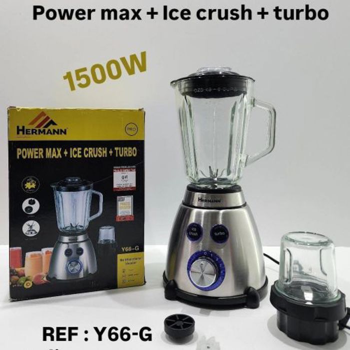 Blender Turbo avec Fonction Ice Crush – Bol en Verre 1,5L, Moteur Puissant de 1500W + Moulin à Café et Épices Offert