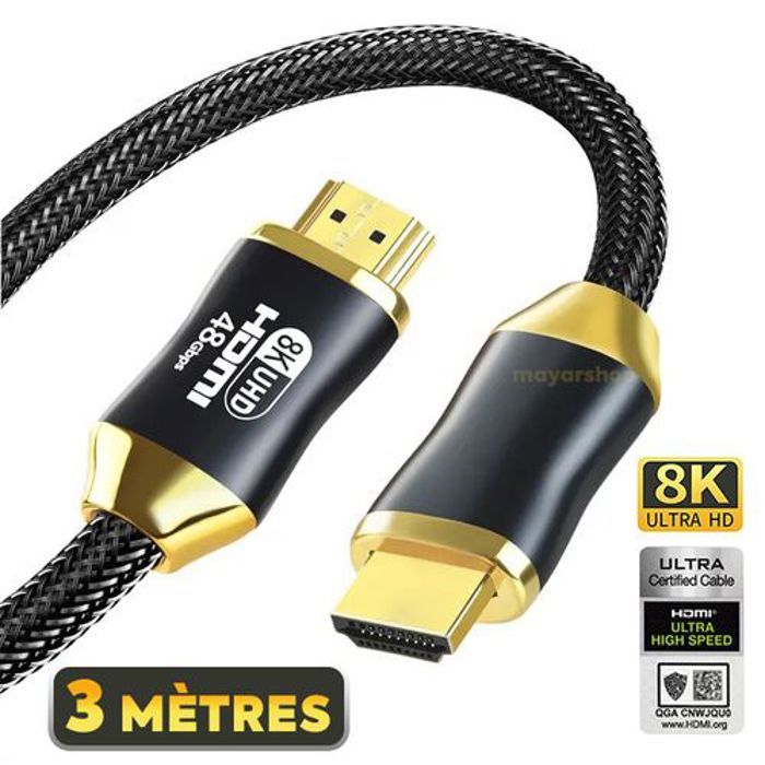 Câble HDMI 8K 2.1 3M 48Gbps HDCP 2.2 eARC, 3D ultra Haute Vitesse pour PC / PS4 / PS5 / Xbox / TV