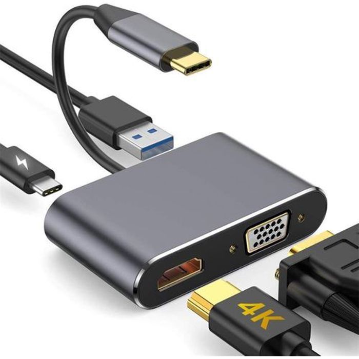 Hub 4en 1 - Adaptateur Type C - HDMI 4K - VGA 1080P - USB 3.0 - Charge rapide 60W