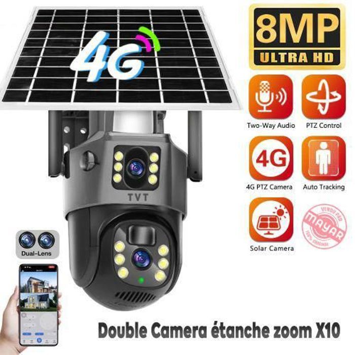 Double Caméra de surveillance extérieure sans fil 4G carte SIM avec panneau solaire et audio PIR