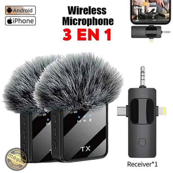 Microphone sans fil Lavalier - Non spécifié - 3 en 1 - Réduction de bruit - Autonomie 12h