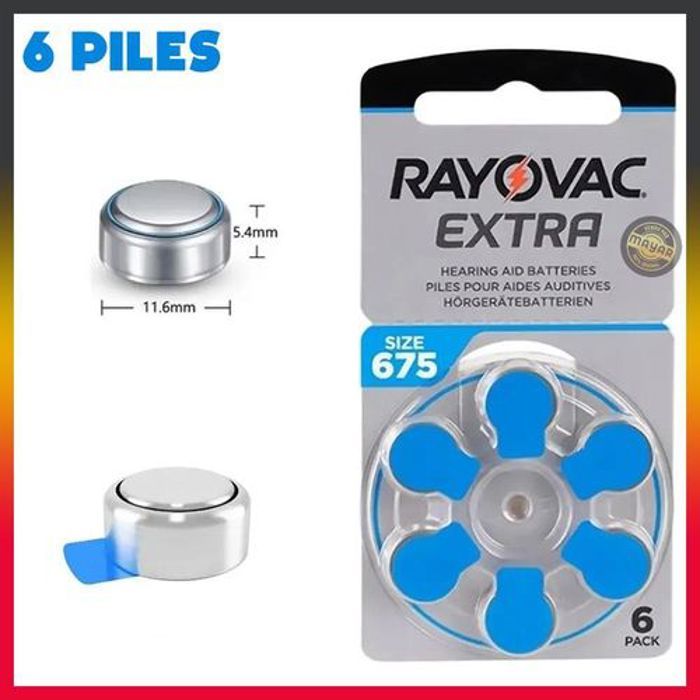 Rayovac Lot de 6 Piles Extra Piles Auditives Taille 675 PR44 Bleu – pour Aides Auditives