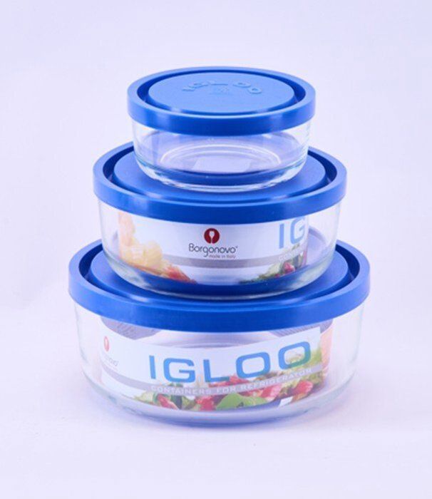 Set de 3 recipients  en verre pour stockage d'alliments IGLO diametre 11cm 15cm 18cm Bleu