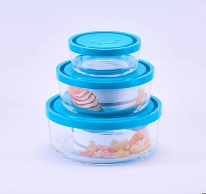 Set de 3 recipients  en verre pour stockage d'alliments IGLO diametre 11cm 15cm 18cm bleu clair