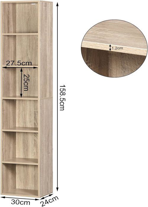 Bibliothèque - TWINSDECOR - Étagère de Rangement - 6 Compartiments - Chêne - Mat
