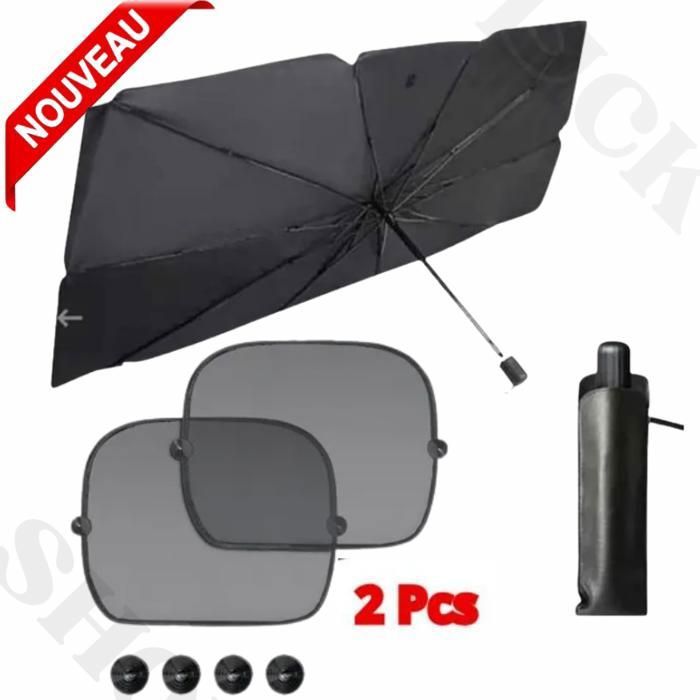 Parapluie Voiture Pare Soleil, Parasol Couverture pare-brise Bloque la chaleur + parasol et 2 stores de voiture.