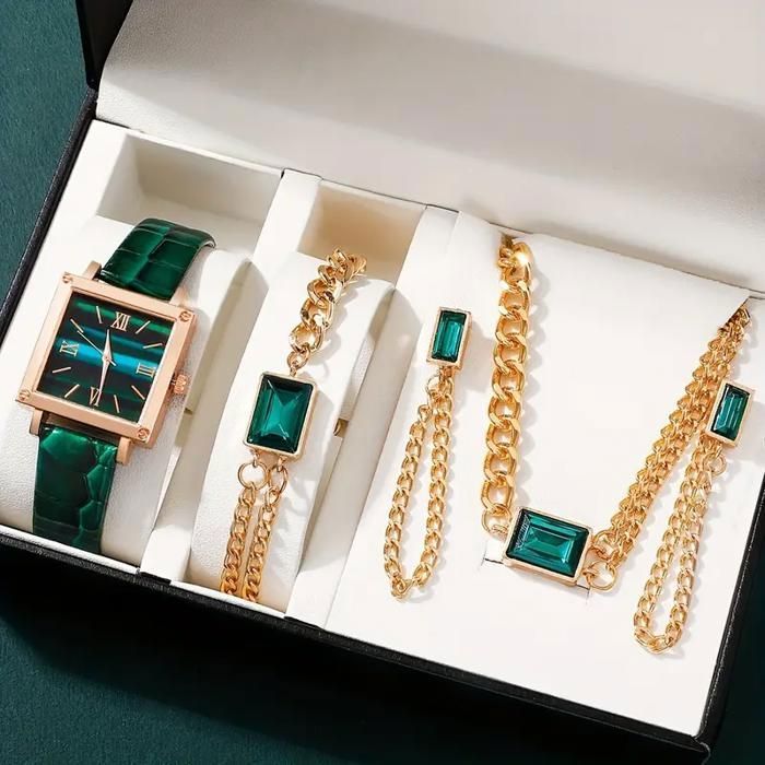 Ensemble Femme - Montre - Cadran Carré - Bracelet en Cuir PU - 4 Bijoux Assortis - Chic et Décontracté