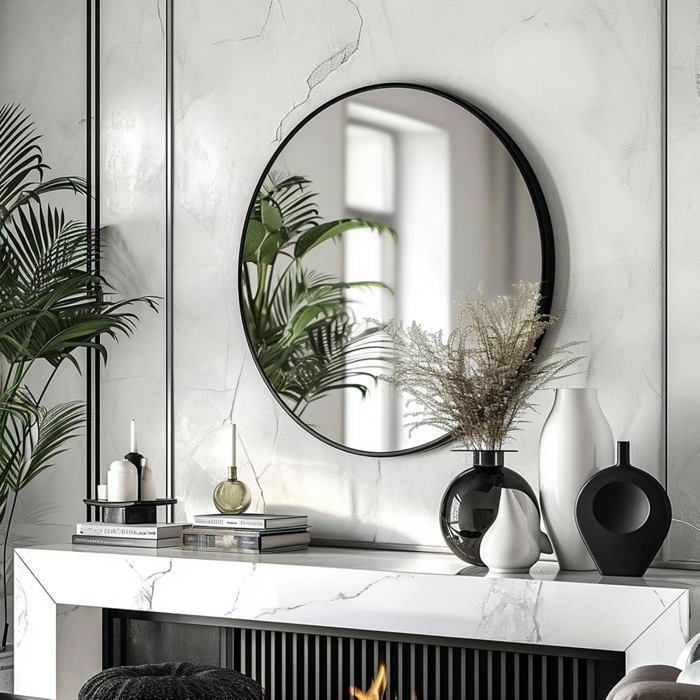 Miroir Rond - Noir - 60x60 cm - Verre Haute Définition - Installation Facile - Design Intemporel