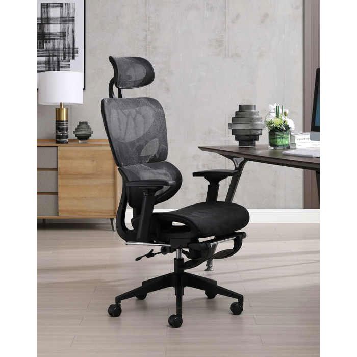 Fauteuil de bureau - ANTONIO - Ergonomique - Noir mat - Réglable en hauteur - Repose-jambes