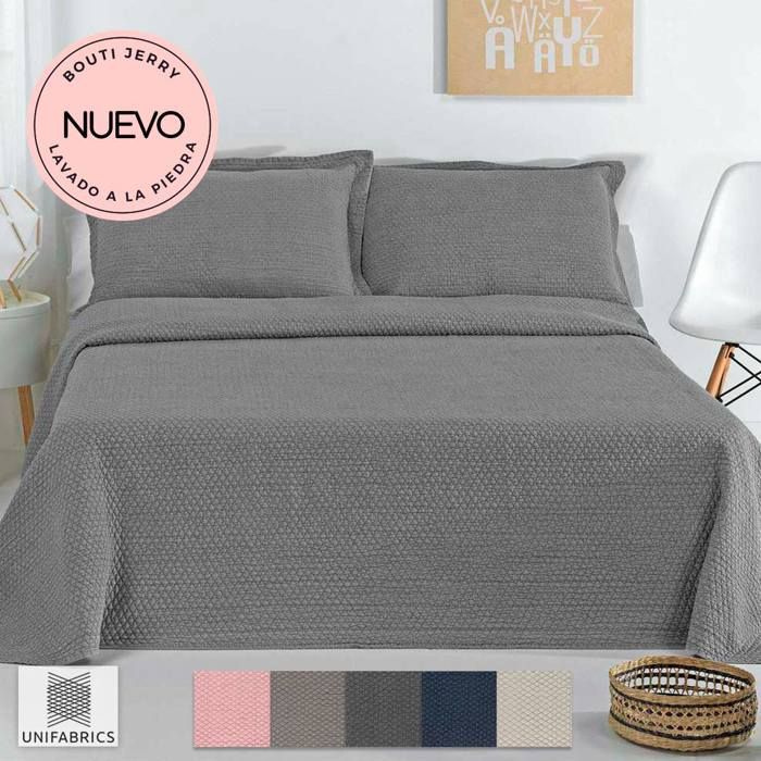 Couvre-lit boutis double face JERRY couleur GRIS UNIFABRICS comprend 2 Housses d'oreillers 250 x 270 cm