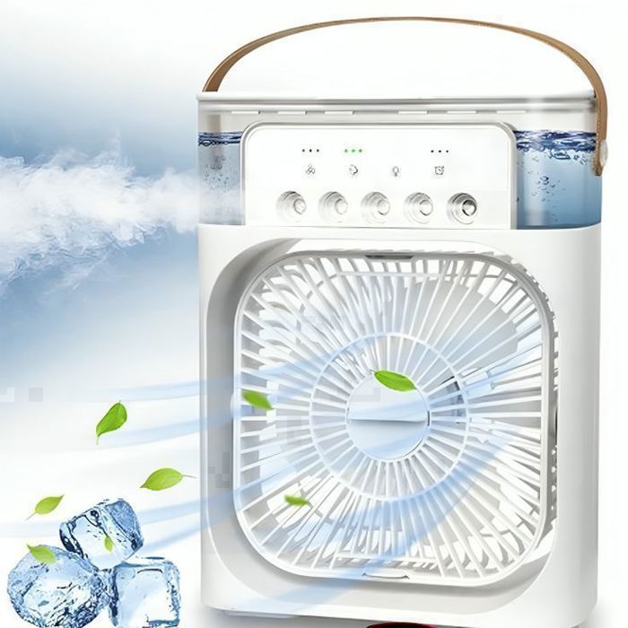 Ventilateur de climatisation portable, 7 couleurs de lumière LED minuteur 1 2 3 H 3 vitesses de vent et 3 modes