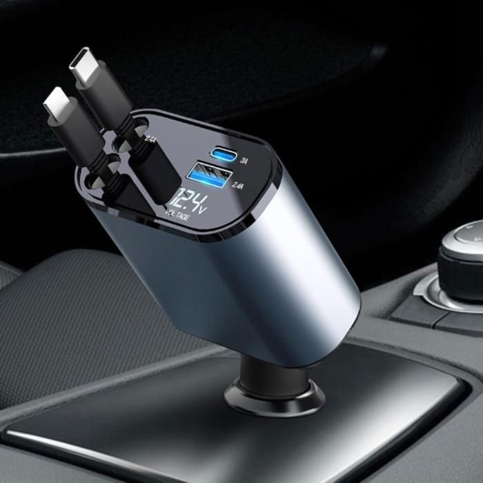 Chargeur voiture 4 en 1 139 W, câbles rétractables, USB, pour iPhone, iPad, Pixel, Android et tablettes