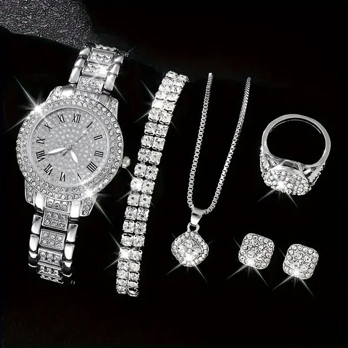 Ensemble de Bijoux - Luxe - 6 Pièces - Montre à Quartz Argentée - Acier Inoxydable - Femme