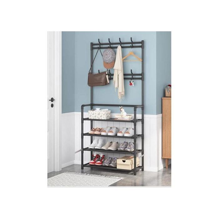 Portemanteau Entrée 3-en-1, Rangement Chaussures & Vêtements avec Crochets et 4 Étagères
