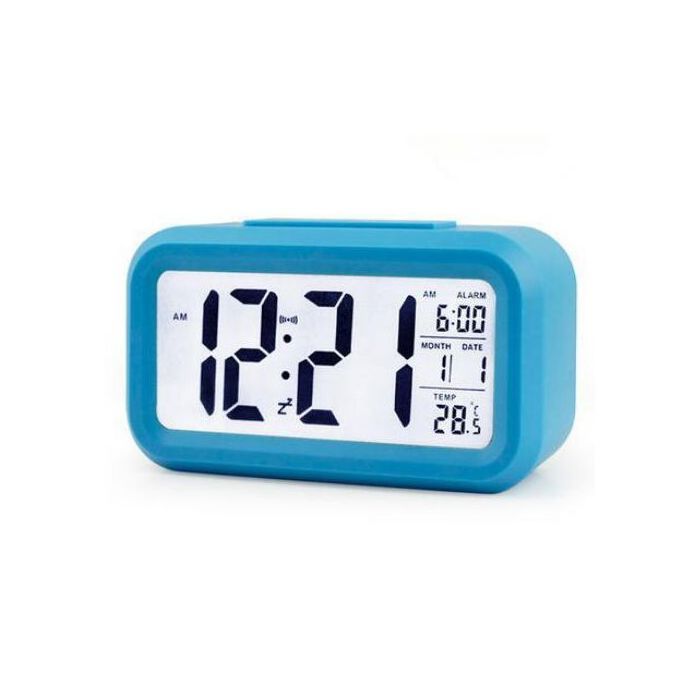 Réveil numérique avec affichage LED, alarme réglable, affichage de date et température, Bleu