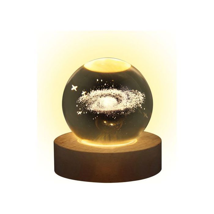 Veilleuse 3D en boule de cristal – Galaxie gravée avec base LED, lumière chaude et design magique