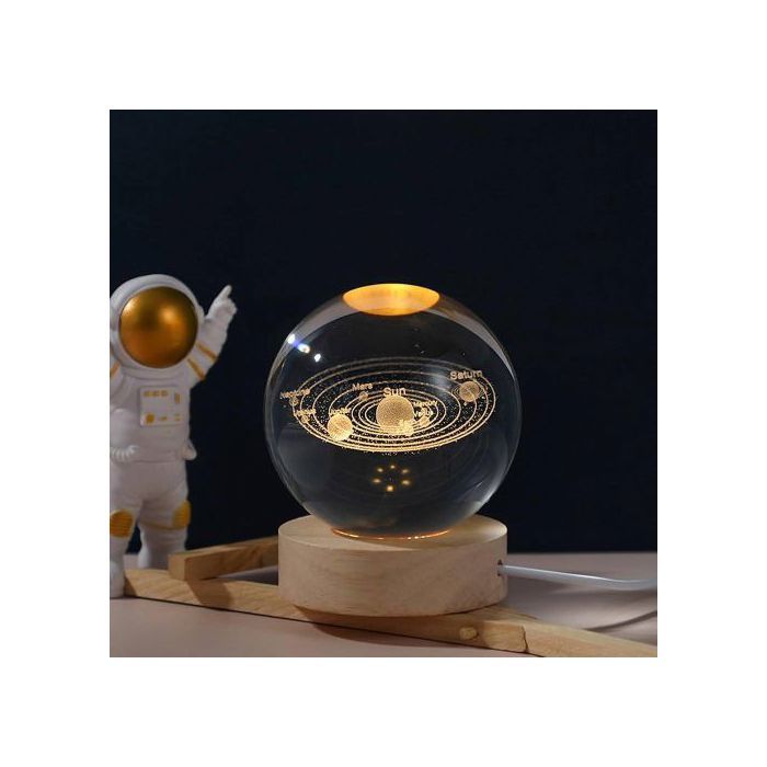 Veilleuse boule de cristal 3D système solaire, Lampe LED décorative avec base en bois, idéal pour cadeau