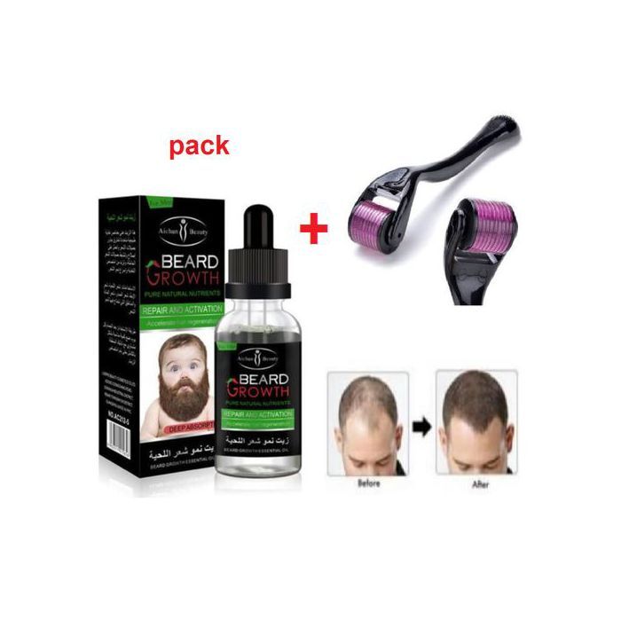 Beard Growth pack Huile de croissance pour barbe et moustache + rouleau Micro aiguilles
