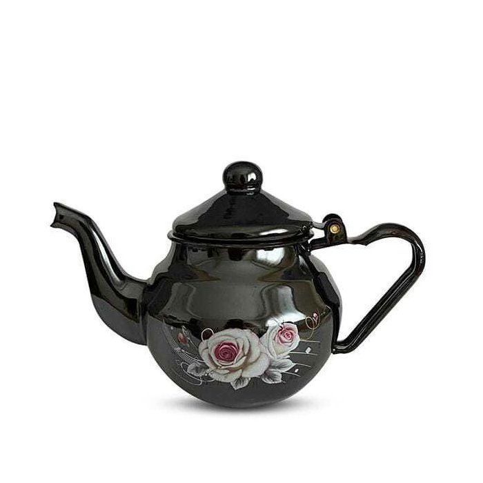 ROSA PORCELAIN - Théière Artisanale Émaillée Noire 1.5 L - Motifs Floraux Peints à la Main