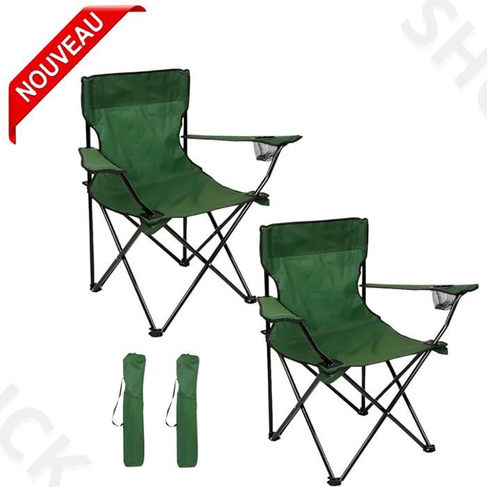 2 Chaises Plage Pliable, De Pêche Pliables Fauteuil Camping plus porte-Bouteille et sachet, Vert