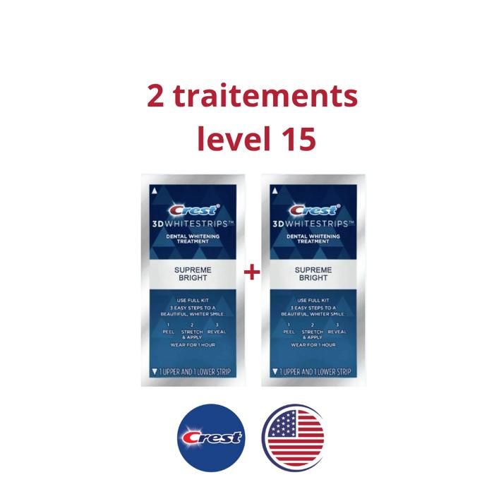 Crest 3d white  WHITESTRIPS LEVEL 15, 2 SACHETS, SUPREME BRITH : une solution maison pour éliminer 20 ans de taches