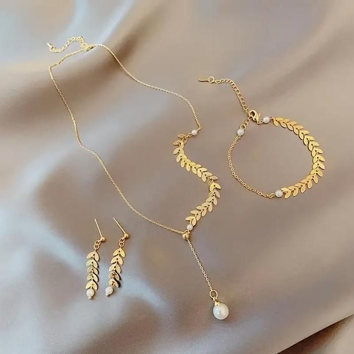Ensemble Bijoux Femme 3 Pièces – Collier, Bracelet & Boucles d’Oreilles Dorés Épi de Blé avec Perles Imitation