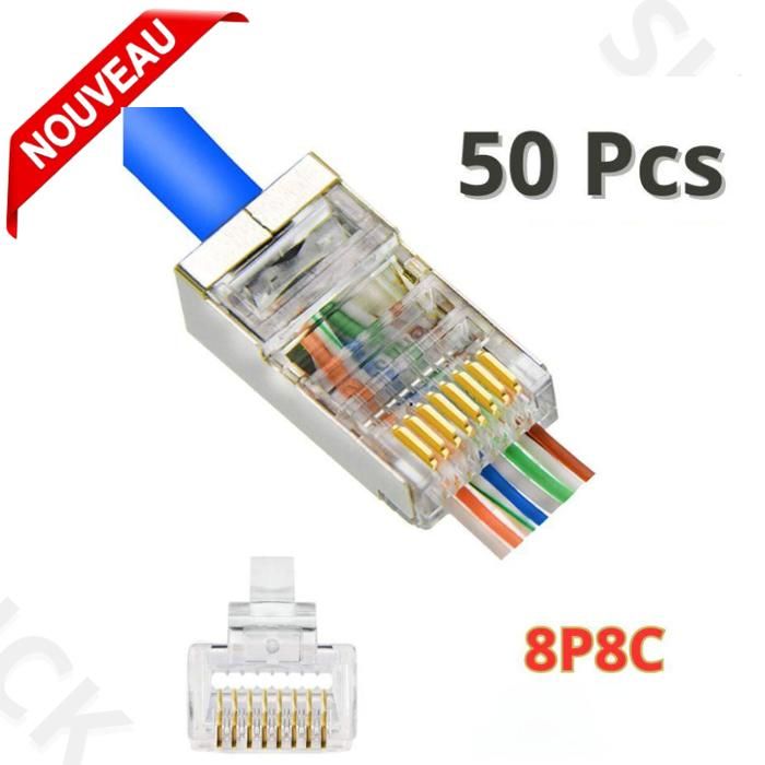 50 connecteurs RJ45 Cat6 Cat5 avec terminaison plaquée or 8P8C pour câble Ethernet à travers