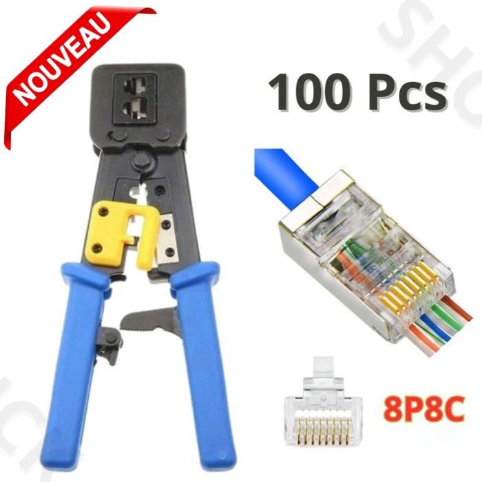 Pince Professionnel à sertir RJ45 RJ12 RJ11 - Avec Crémaillère + 100 connecteurs RJ45 Cat6 Cat5 8P8C