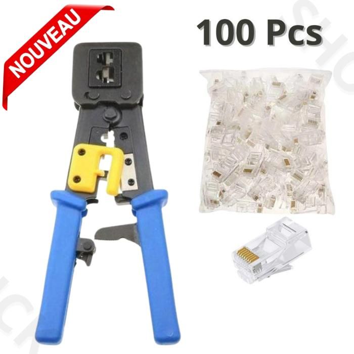 Pince Professionnel à sertir RJ45 RJ12 RJ11 - Avec Crémaillère +100 connecteurs RJ45 Cat6 Cat5