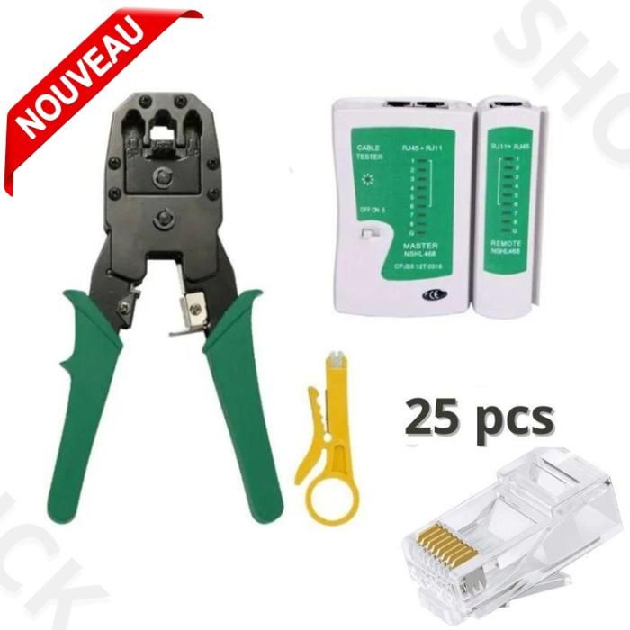 Pince à sertir Professionnel Câble Réseau LAN Téléphone RJ45 RJ12 RJ11 + Testeur + 25 connecteurs RJ45 Cat6 Cat5