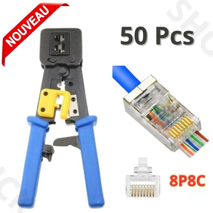 Pince Professionnel à sertir RJ45 RJ12 RJ11 - Avec Crémaillère + 50 connecteurs RJ45 Cat6 Cat5 8P8C