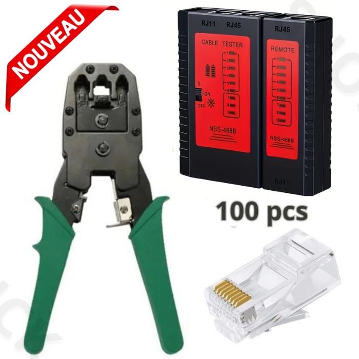 Pince à sertir Professionnel Câble Réseau LAN Téléphone RJ45 RJ12 RJ11 + Testeur + 100 connecteurs RJ45 Cat6 Cat5 Noir