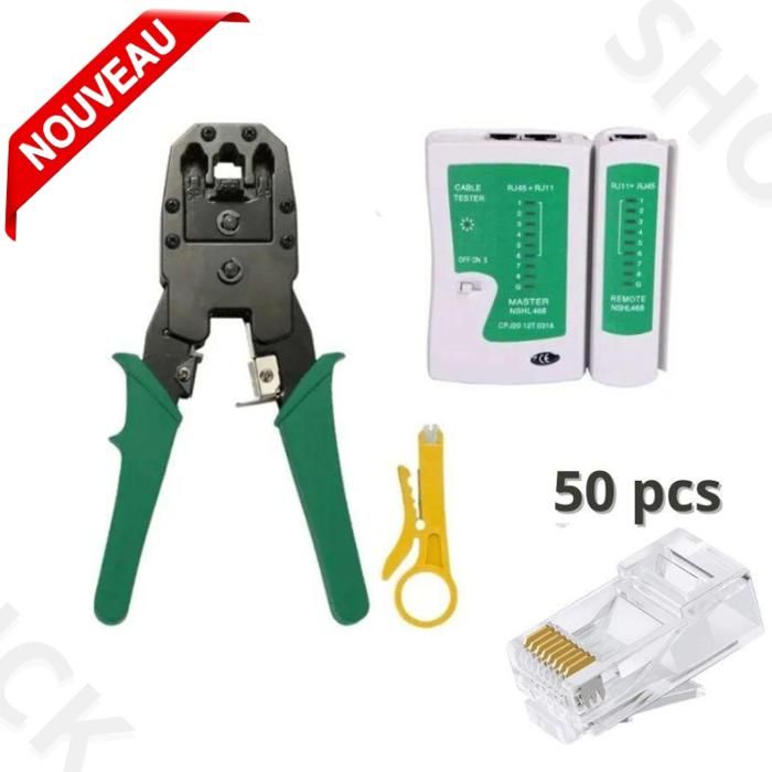 Pince à sertir Professionnel Câble Réseau BLAN Téléphone RJ45 RJ12 RJ11 + Testeur + 50 connecteurs RJ45 Cat6 Cat5