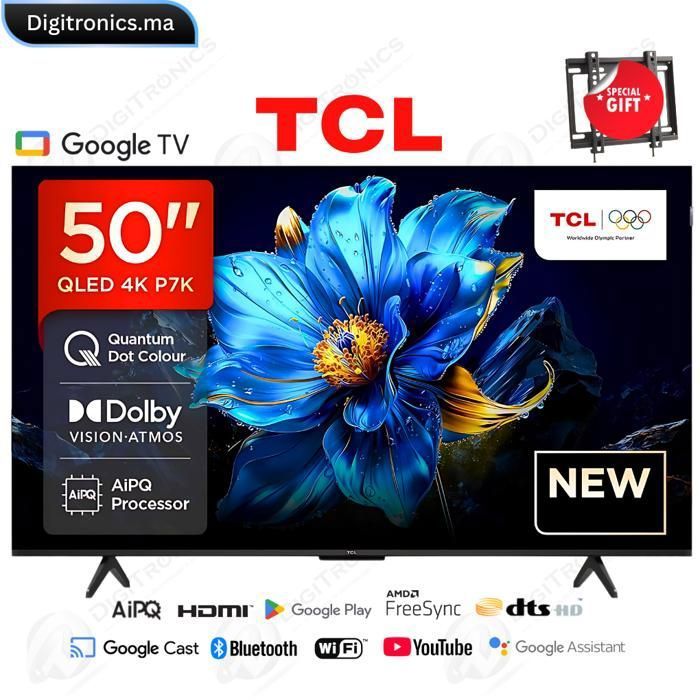 TCL 50 QLED 4K UHD Smart Google Tv, Dolby Vision HDR10+, Slim & Uni-body + Support Gratuit, 50P7K