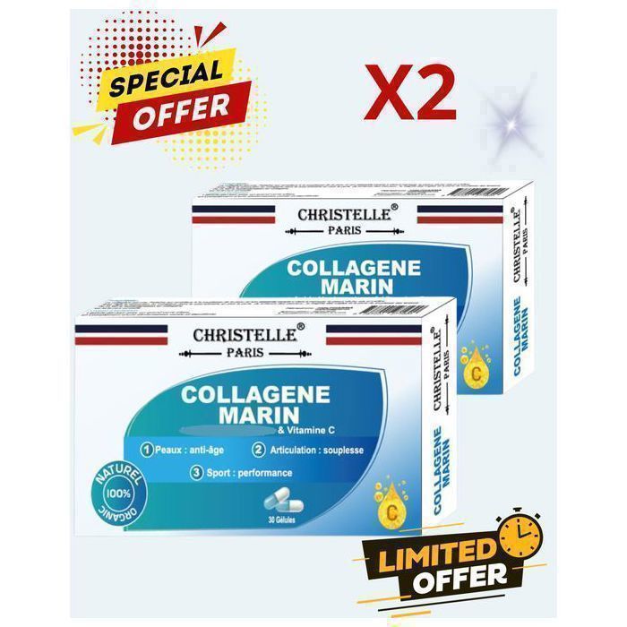 Lot 2 boites Collagène marin et Vitamine C, santé et bien-être anti-age, anti-ride pour cheveux, peau et articulations