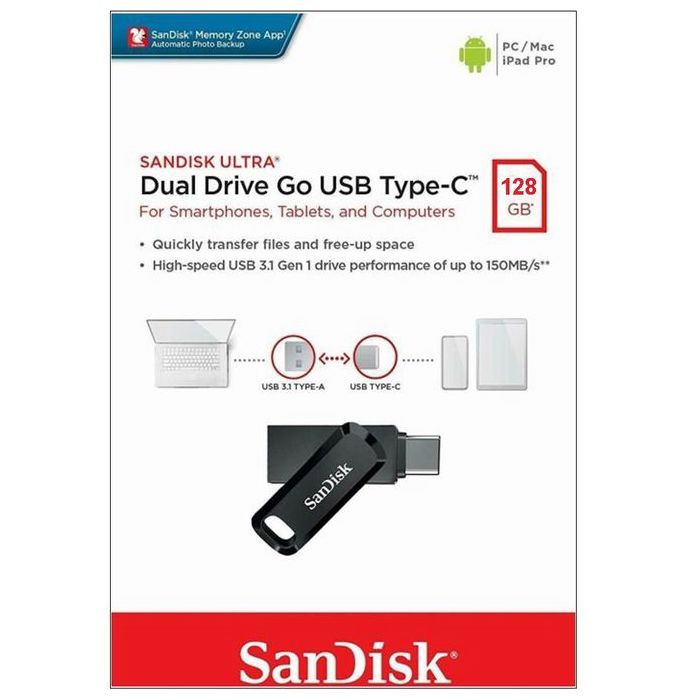 Sandisk Ultra Clé USB Dual Drive Go Type C 128 Go - Transfert Rapide Fiable Phone PC Mac