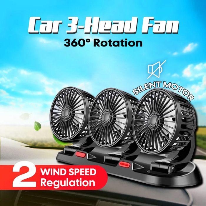 Ventilateur de voiture réglable rotatif à 360 degrés, trois têtes, style : 12 V