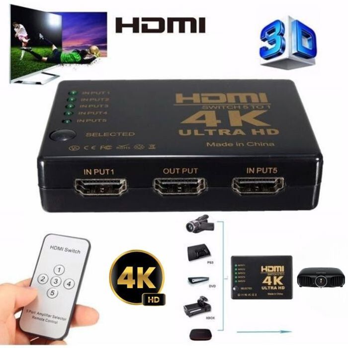Switch Sélecteur HDMI 5 Ports 4K Ultra HD (4K@60Hz) & 1080P -  Commutateur Automatique de Sources Vidéo
